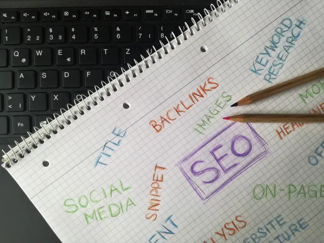 Close-up of notebook with SEO terms and keywords, highlighting digital marketing strategy. SEO tools buyer personas: data sources that earn their place