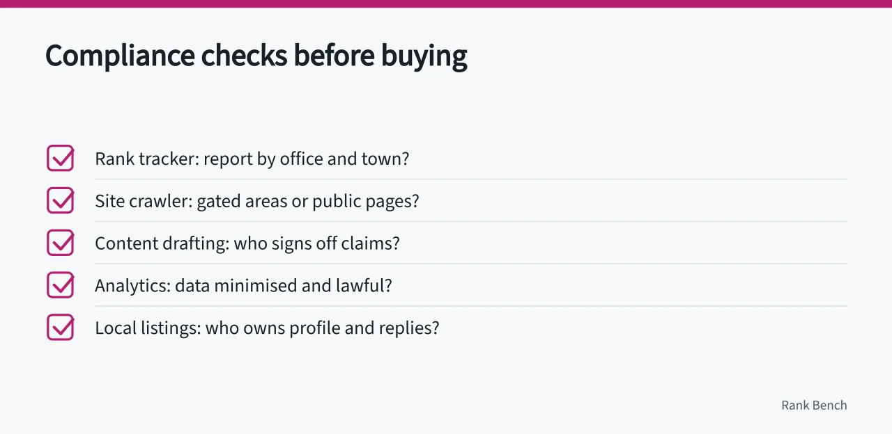 Checklist of compliance questions for each SEO tool category (SEO tools for law firms: what UK solicitors need)